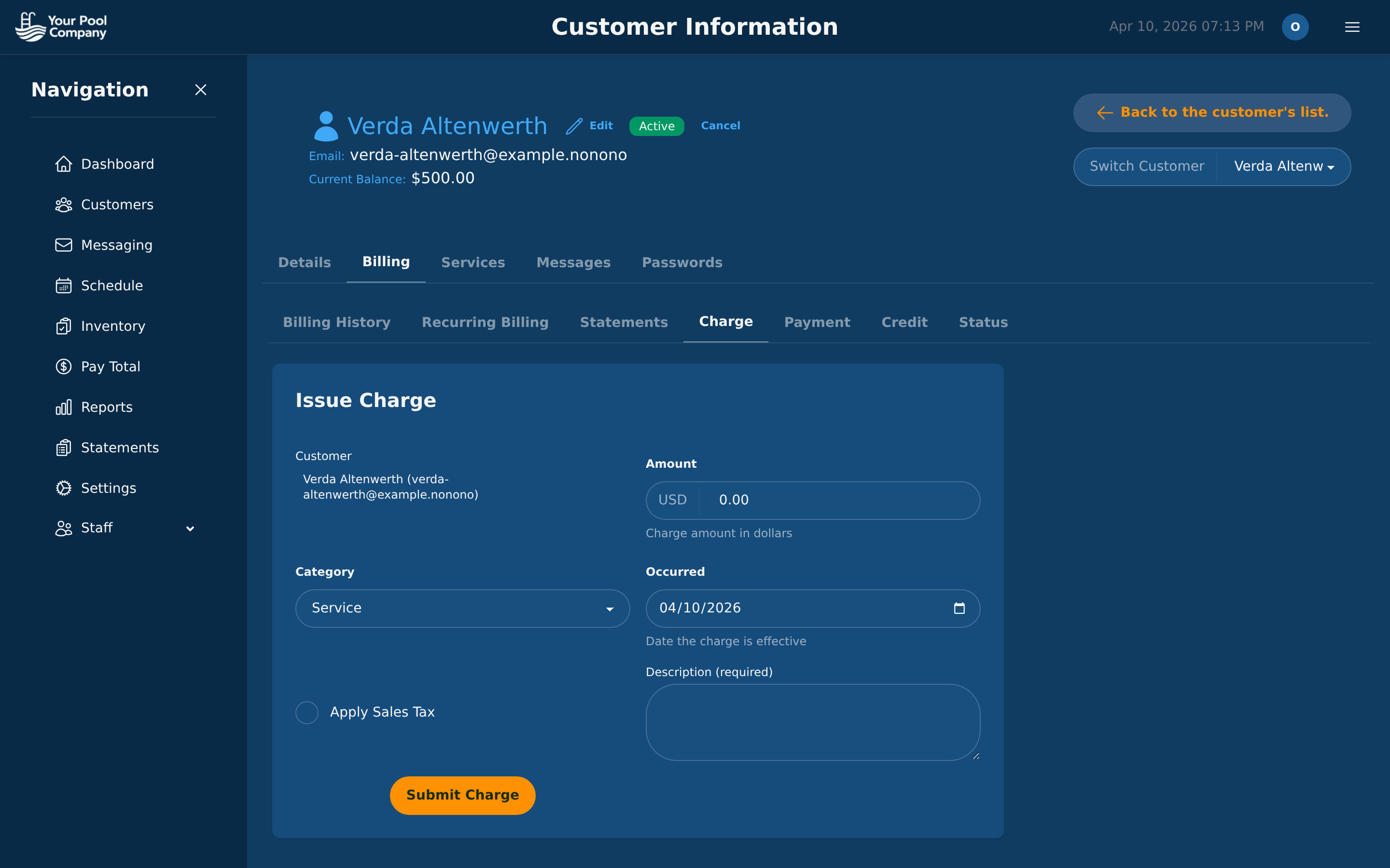 Issue Charge tab with amount, category, date, description, and sales tax toggle