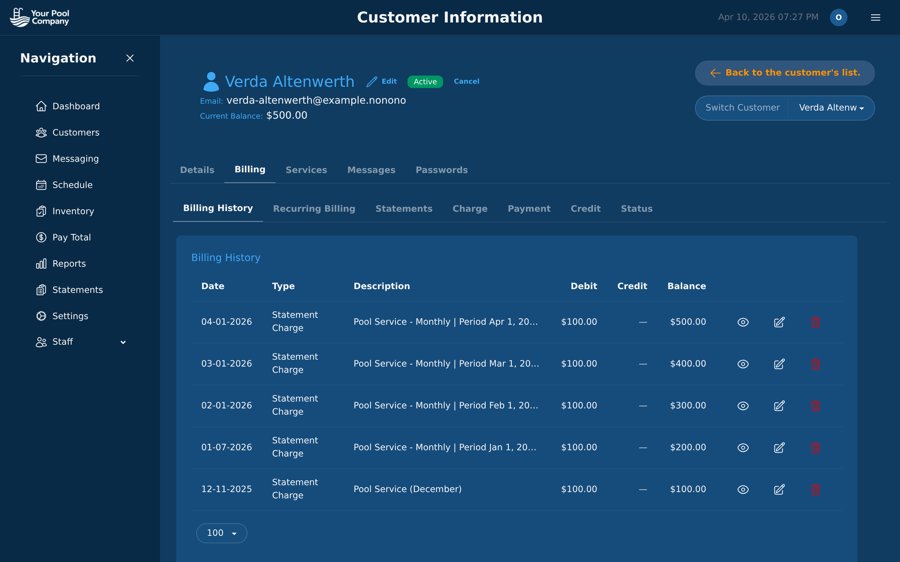 Billing History tab showing transaction ledger with date, type, description, debit, credit, and running balance