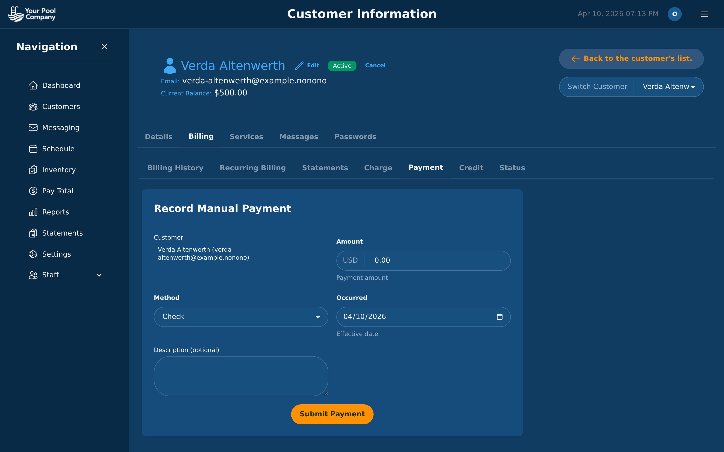 Record Payment tab with amount, method (Zelle/check/cash), reference number