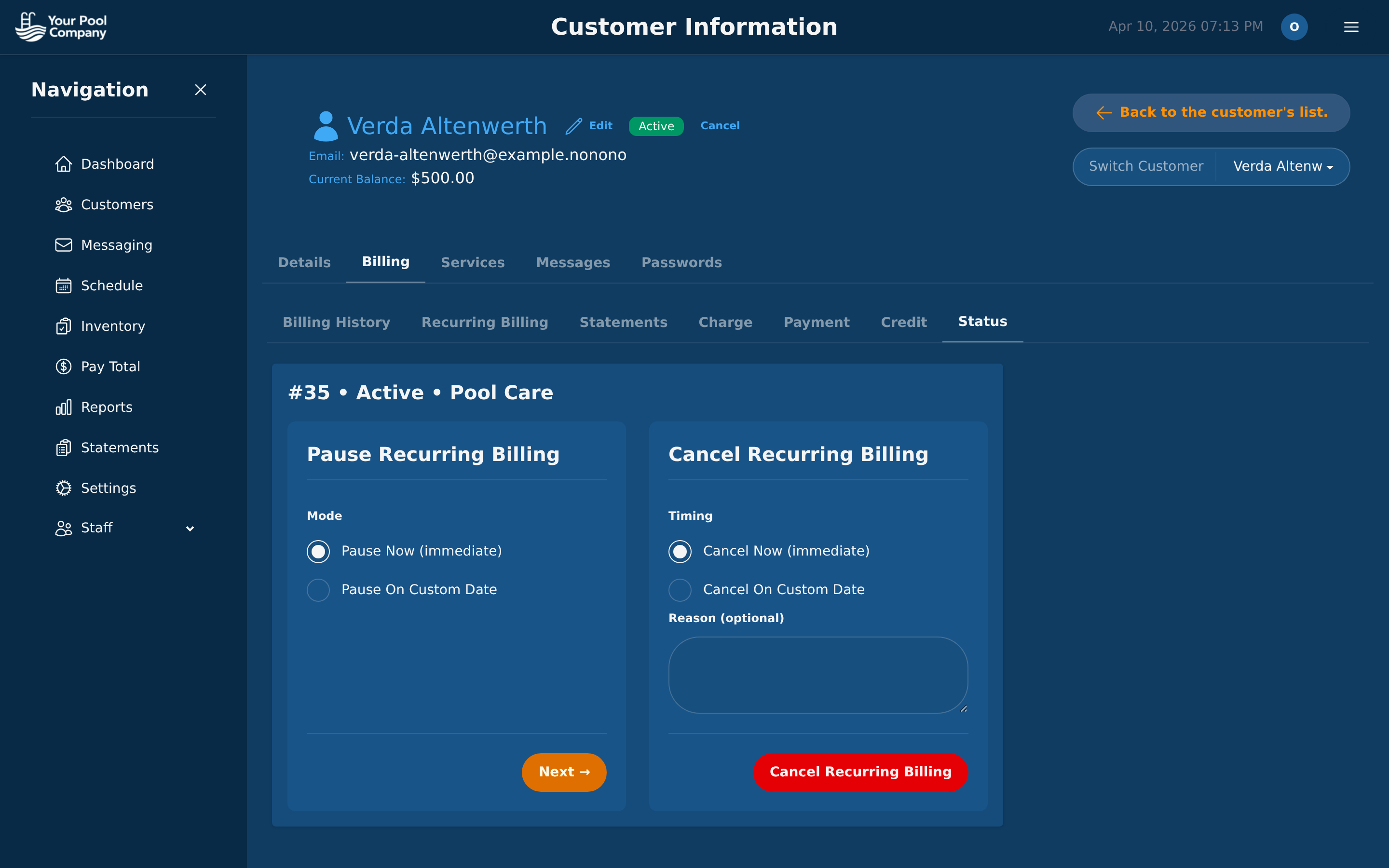 Subscription status tab with pause, cancel, reactivate, and undo options