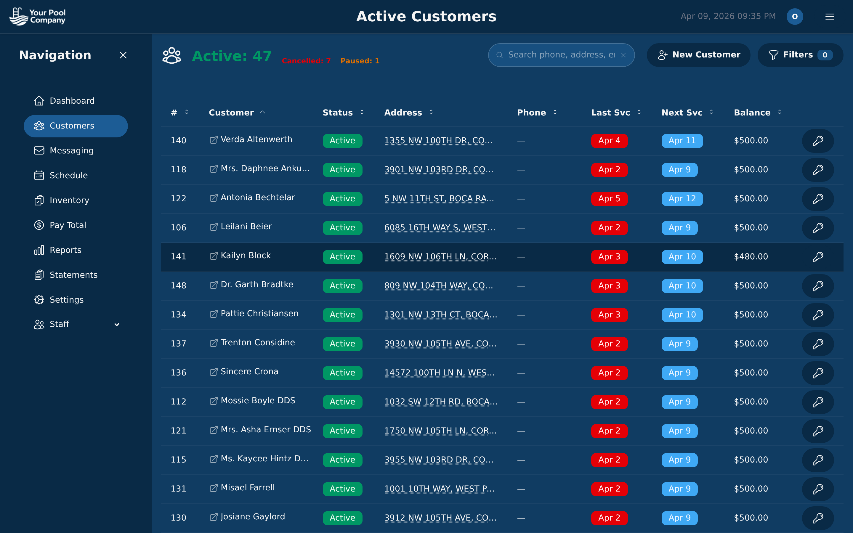 EZ Pool Biller active customers list with status and balances