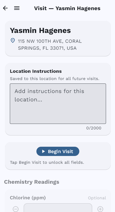 EZ Pool Biller mobile visit details with Begin Visit button and location instructions