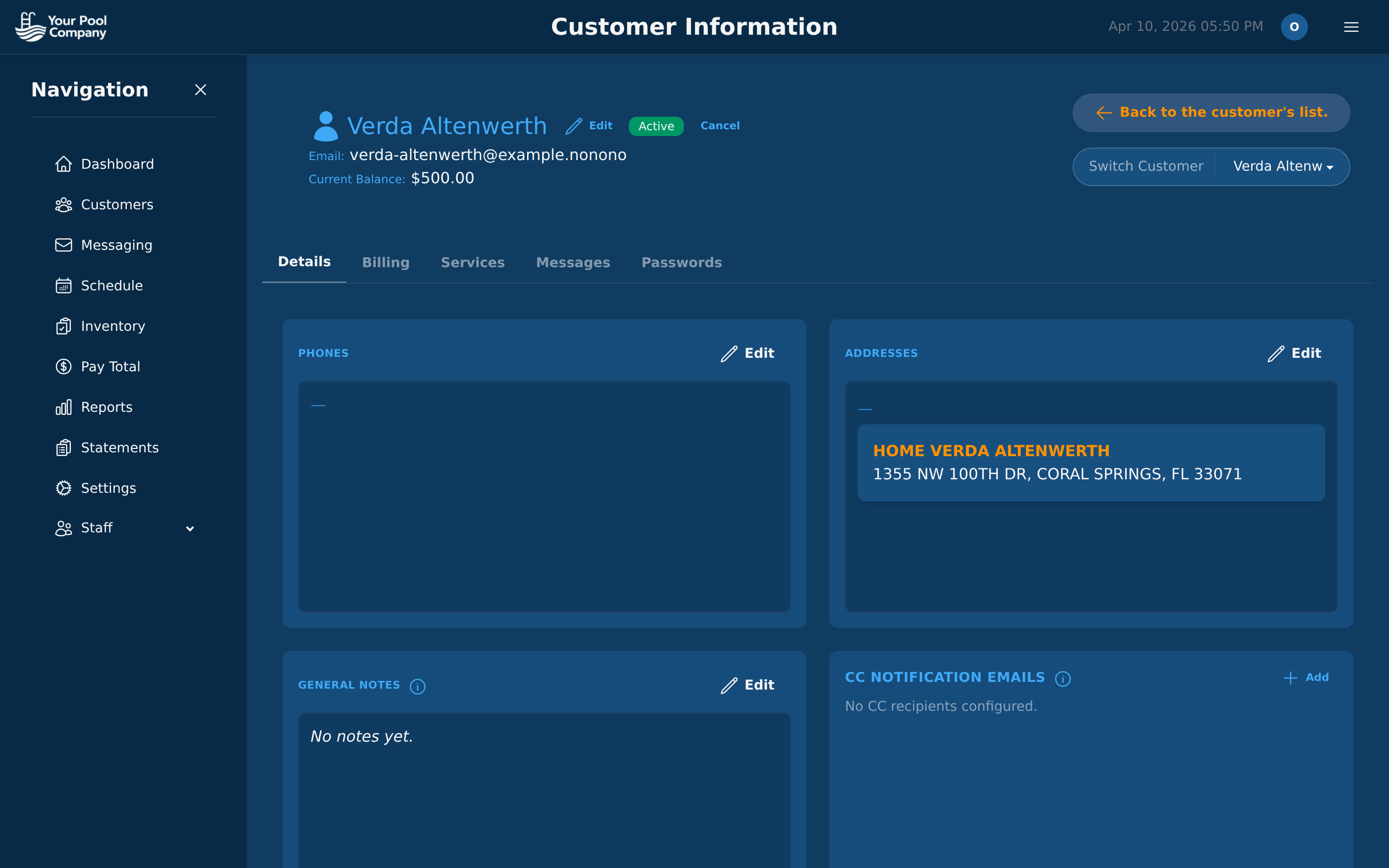 Customer detail page with contact info, addresses, and notes