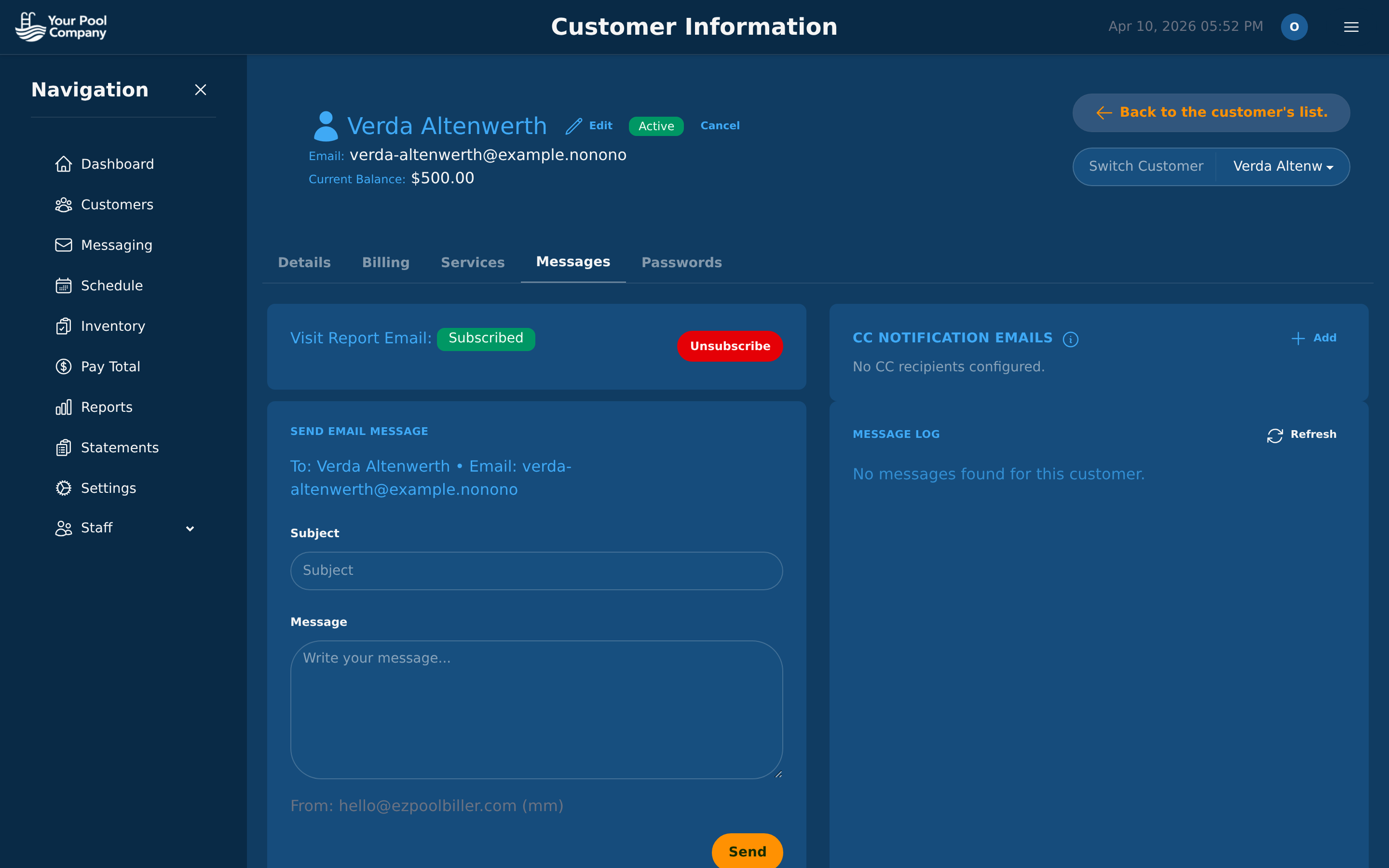 Customer messages tab with communication history