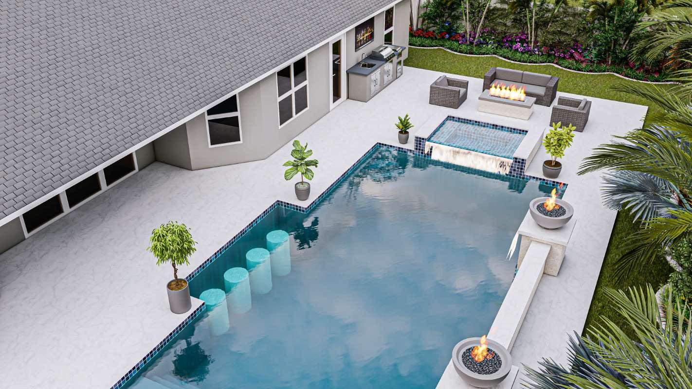 3D backyard render with swimming pool, fire pit, BBQ area, and seating area