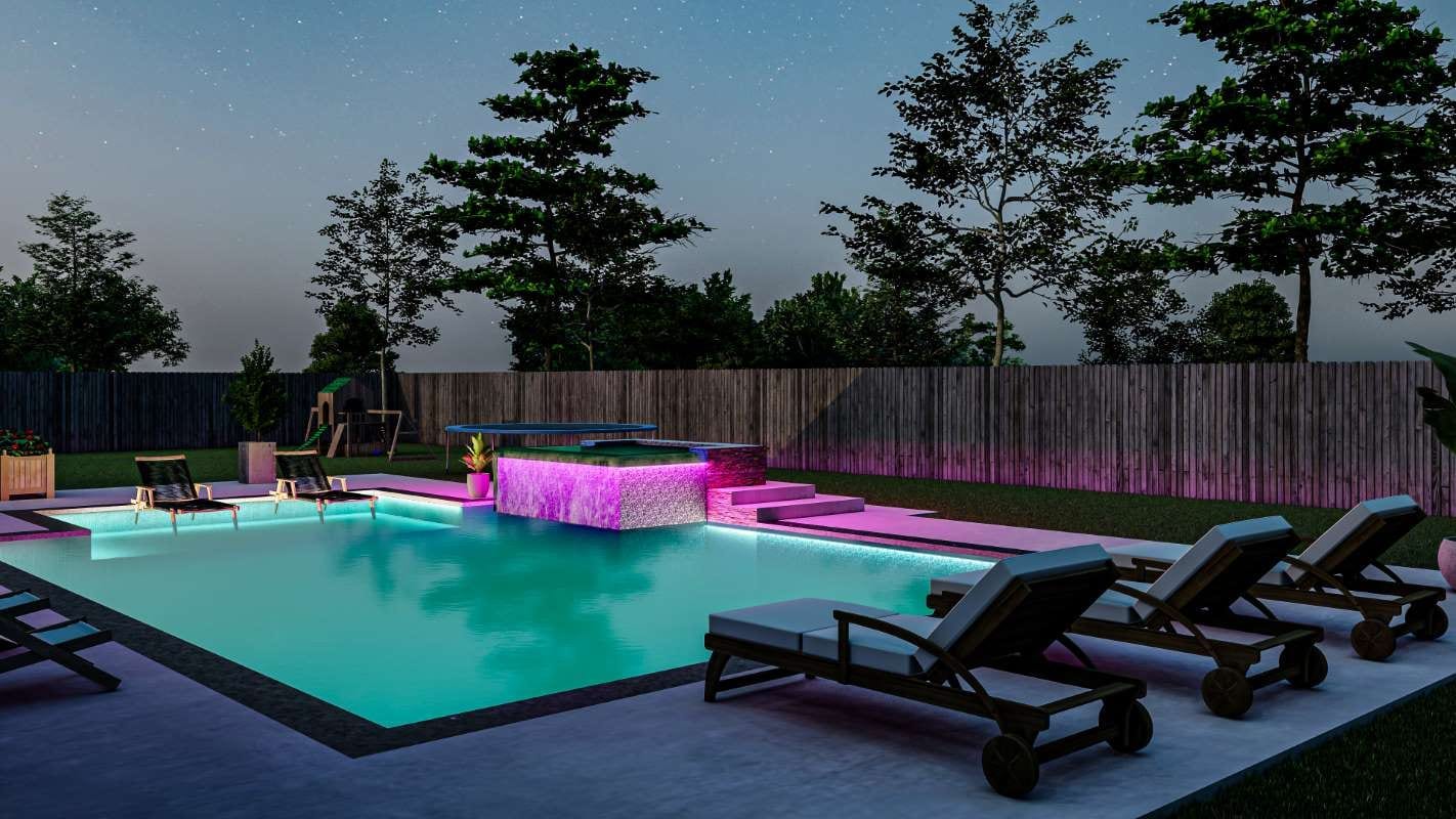 3D rendered backyard with pool, jacuzzi, and lighting