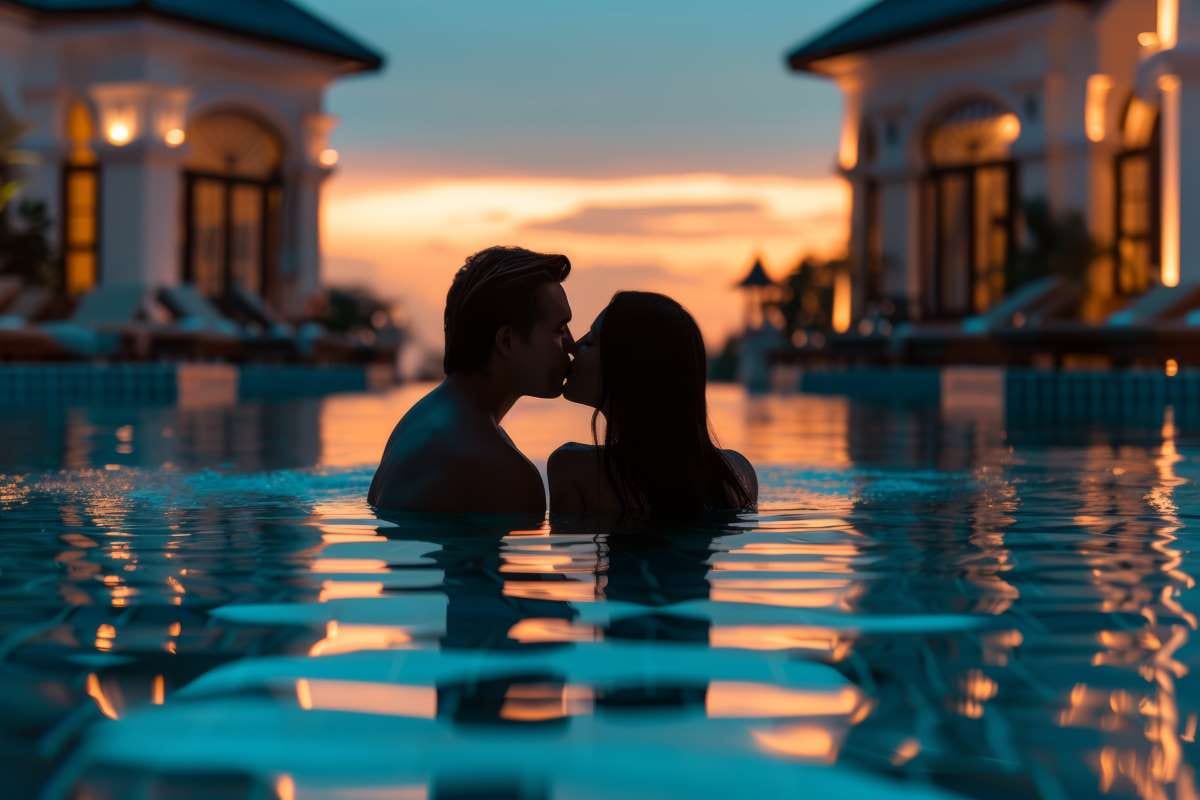 Couple kissing in a luxury hotel pool at sunset, water reflecting warm colors