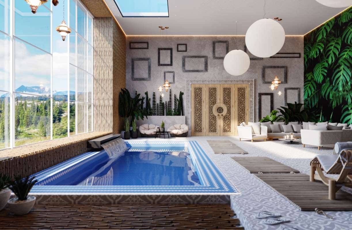 Indoor spa pool with blue and white tile lining in an oriental-style interior