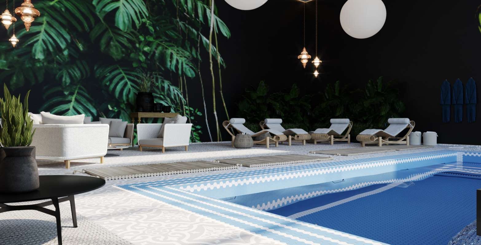 Interior indoor spa pool with blue and white tiled walls in an oriental style 3D rendering