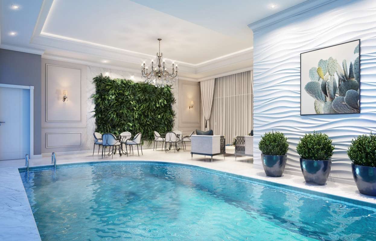 Luxury swimming pool at a hotel or apartment spa setting