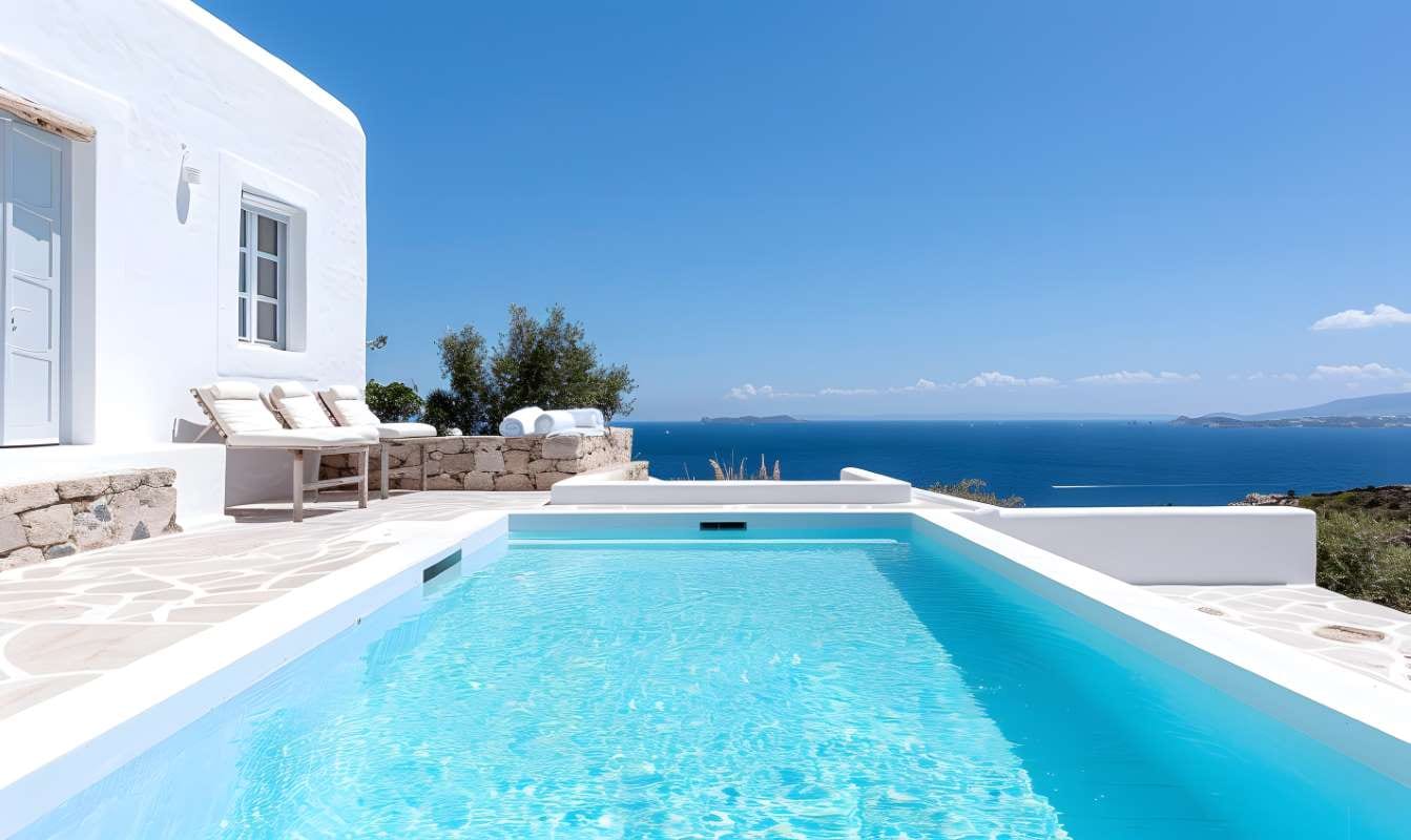 Mediterranean white villa with pool on a hilltop under summer sun