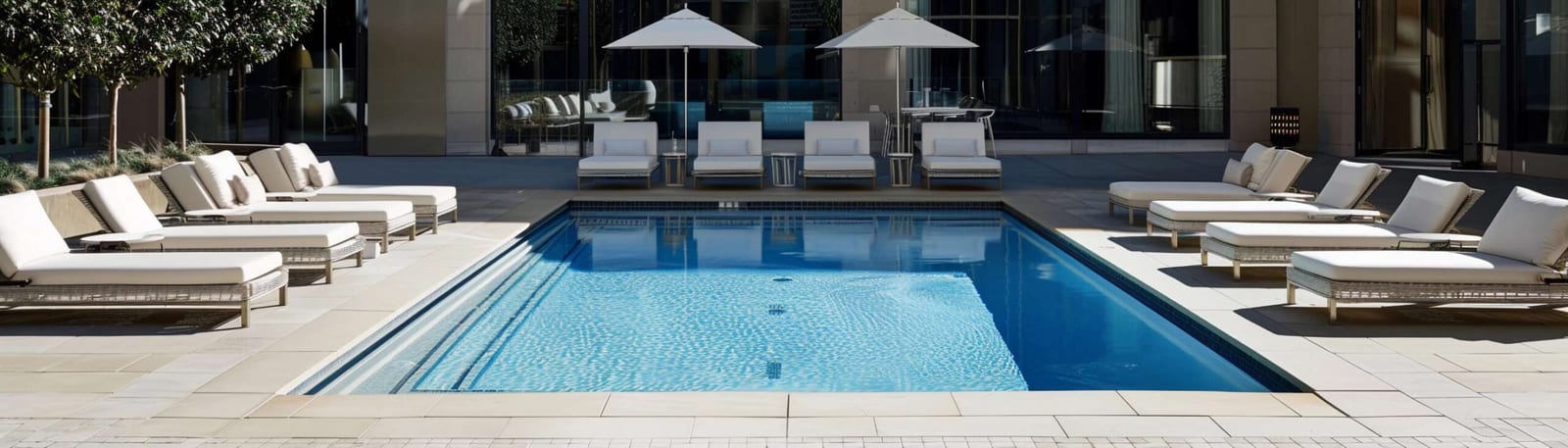 Modern minimalist poolside lounge area with a swimming pool, reflecting multi-year goal progress evaluation
