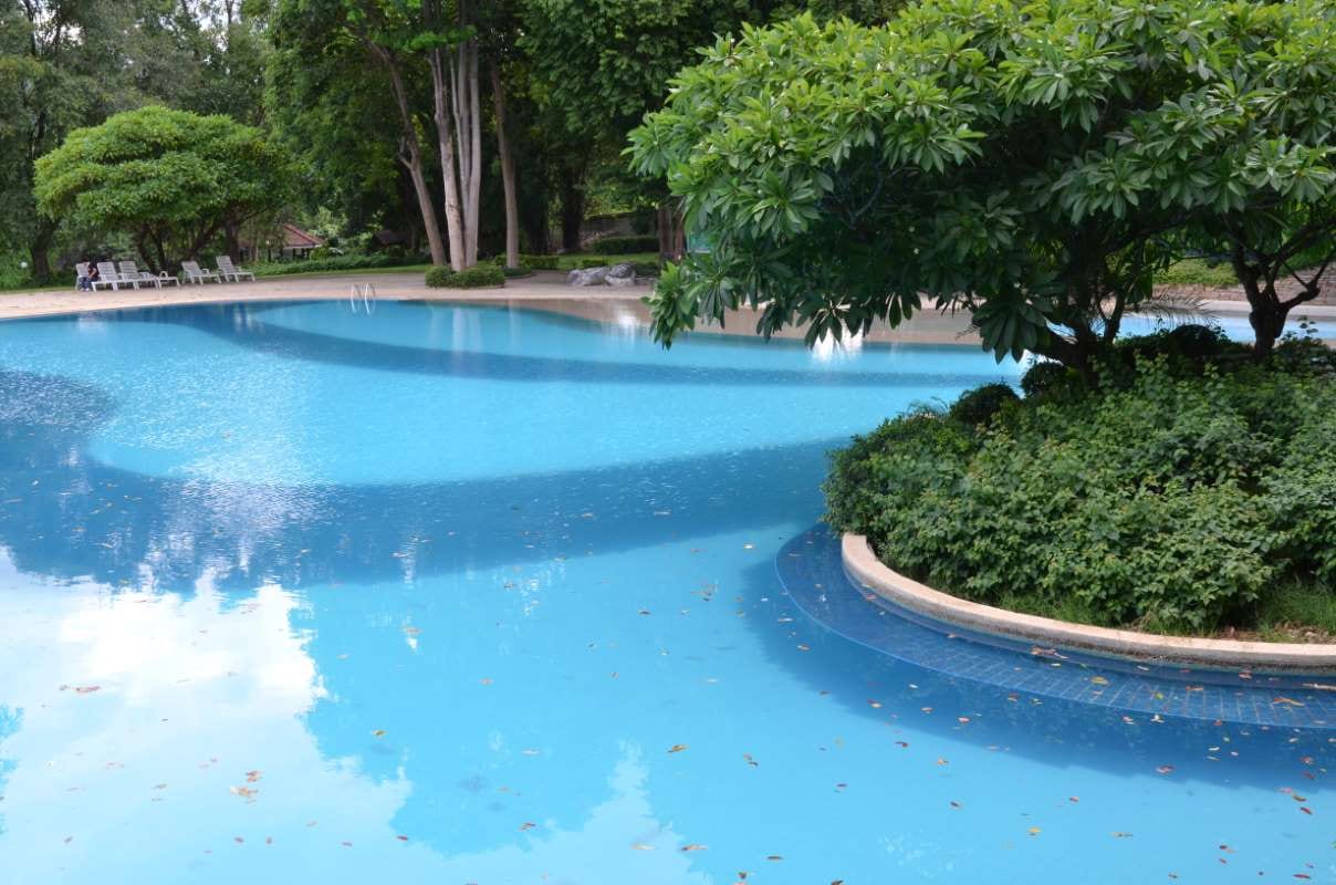 Swimming pool with blue water, cropped section of a pool surface