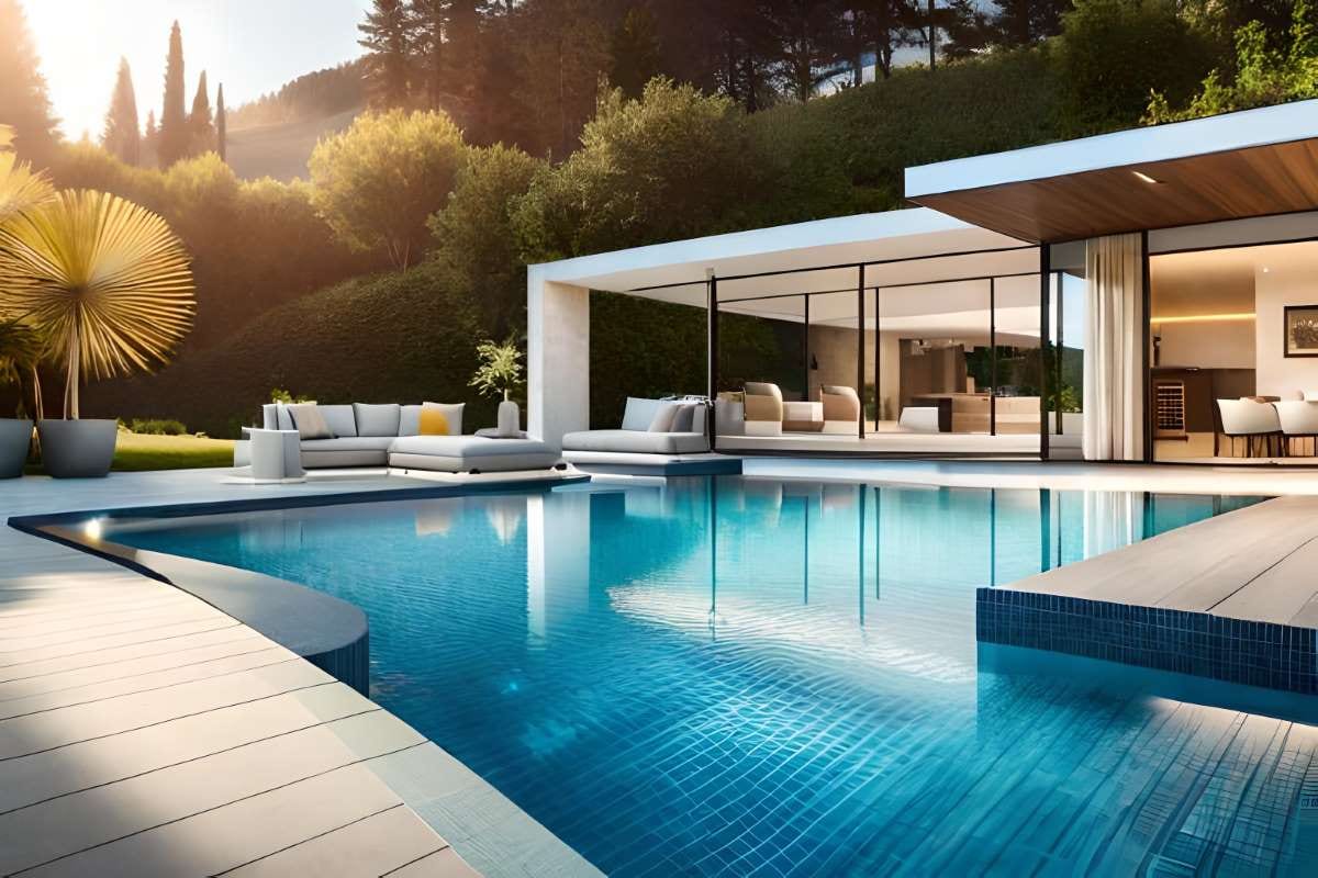 Architect-designed pool lounge area beside a modern home