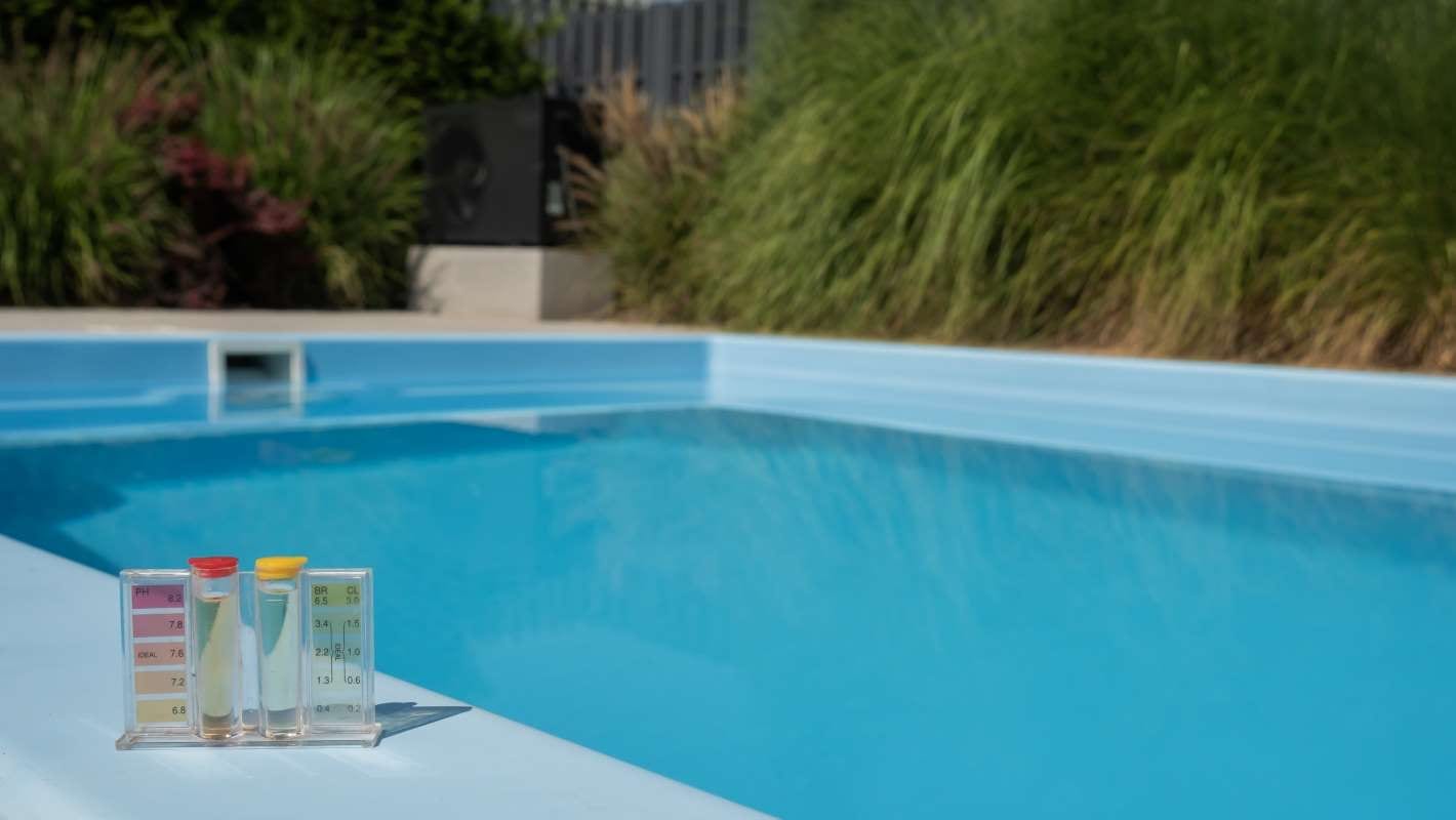 Pool water testing kit showing pH and chlorine levels beside the pool edge