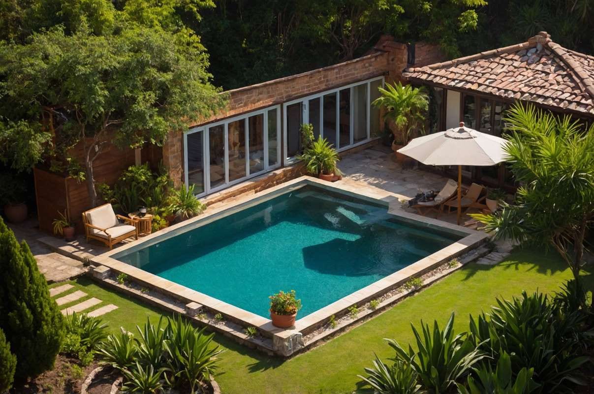 Pool and pool house beside a landscaped backyard