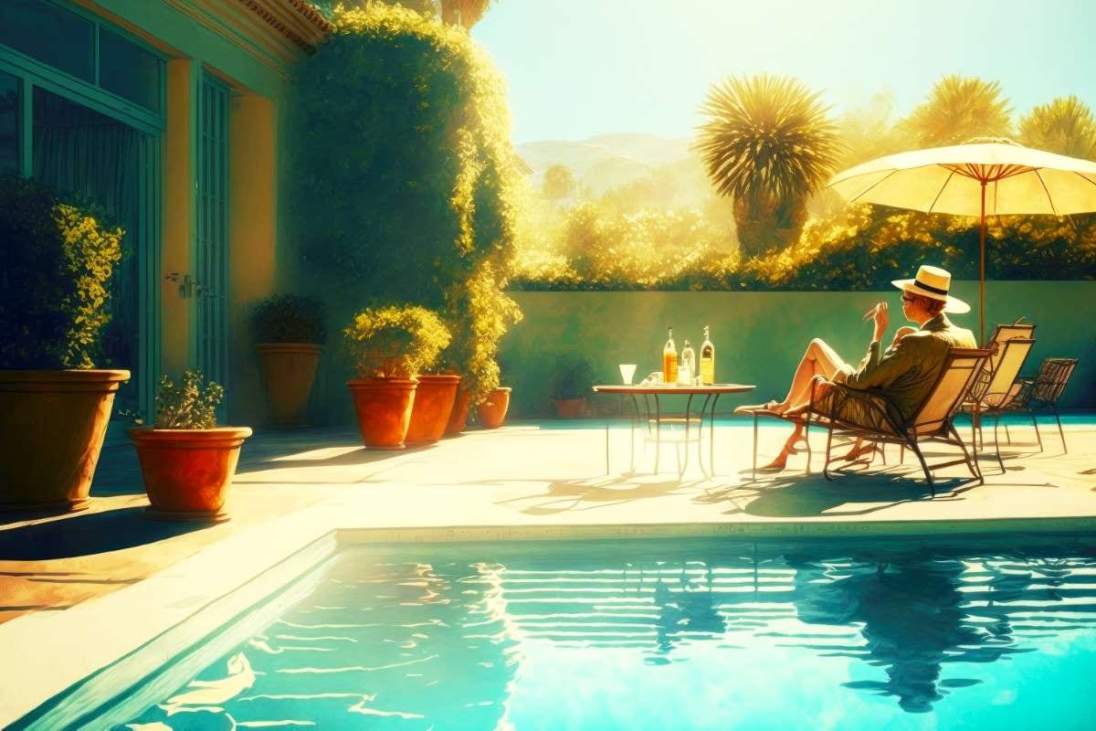 Relaxing by a backyard pool in the sun