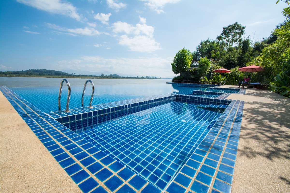 Swimming pool near the Khong River under a blue sky in Chiang Saen, Chiang Rai, Thailand