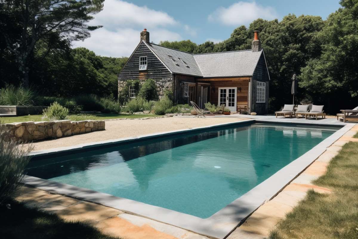 Swimming pool in a residential backyard with a house in the background