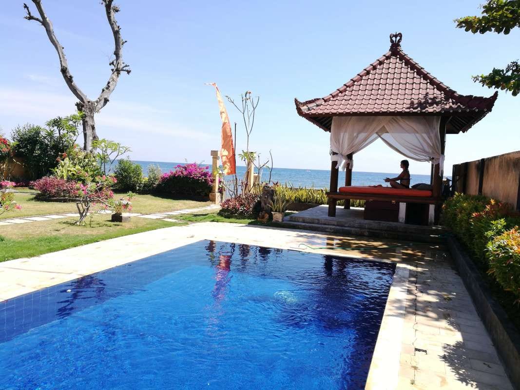 Swimming pool viewed against a clear sky
