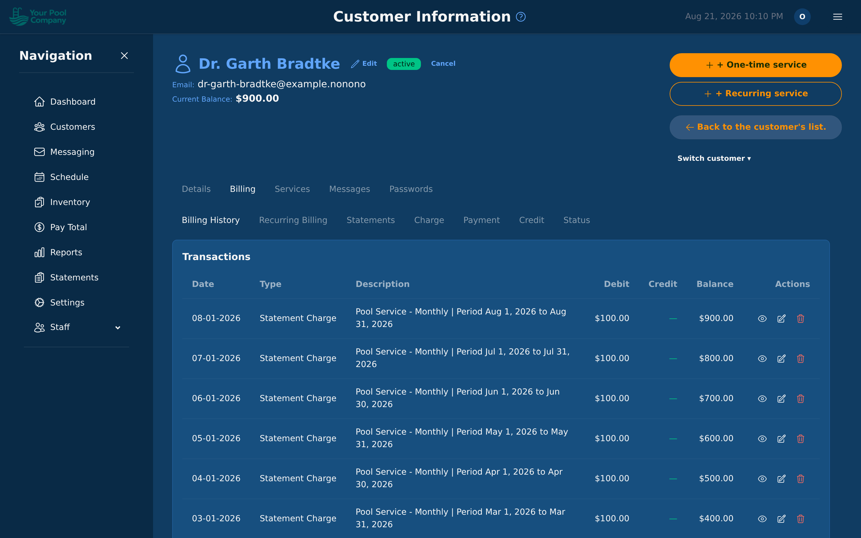 A customer's charges, payments and credits