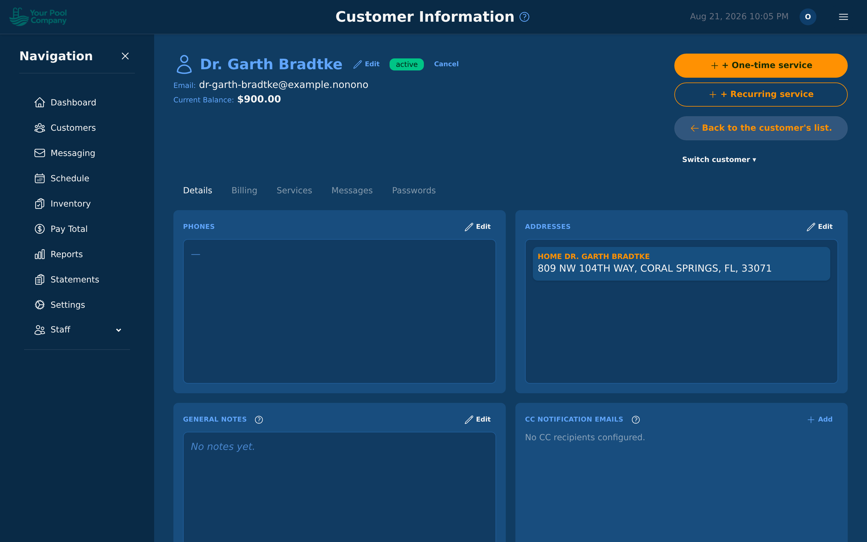 A customer's page — the lifecycle buttons sit at the top