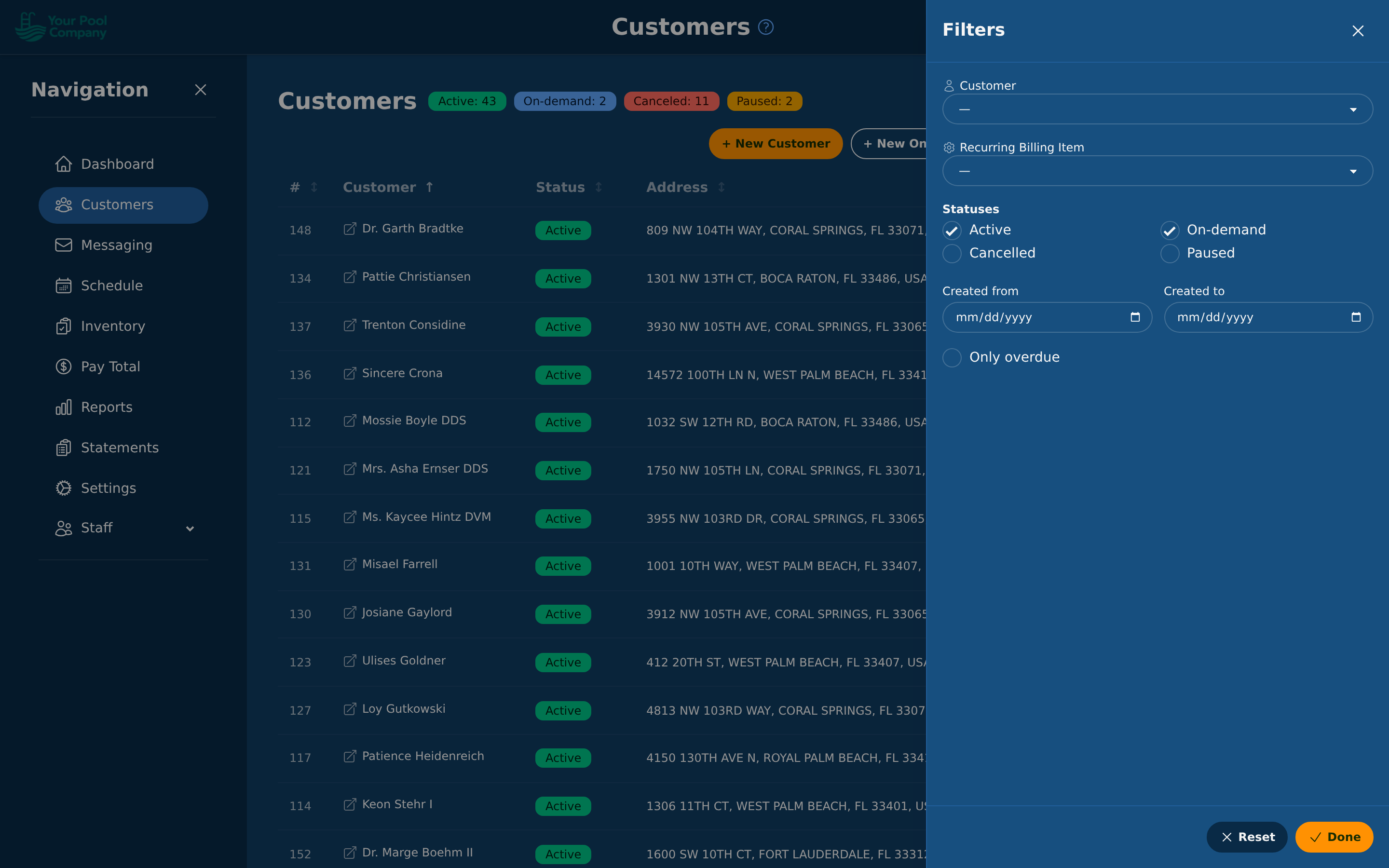 Filtering the customer list by status
